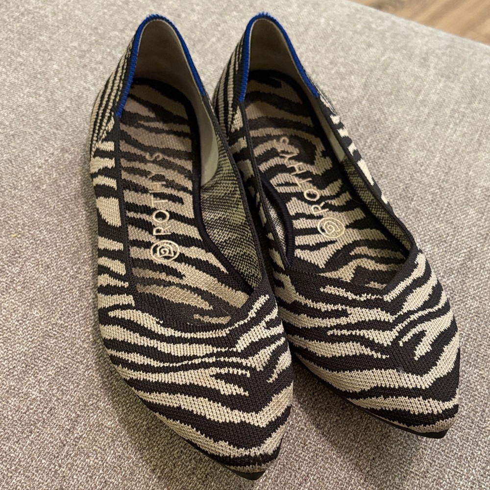 Rothy's Zebra Patterned Flats with Blue Accents